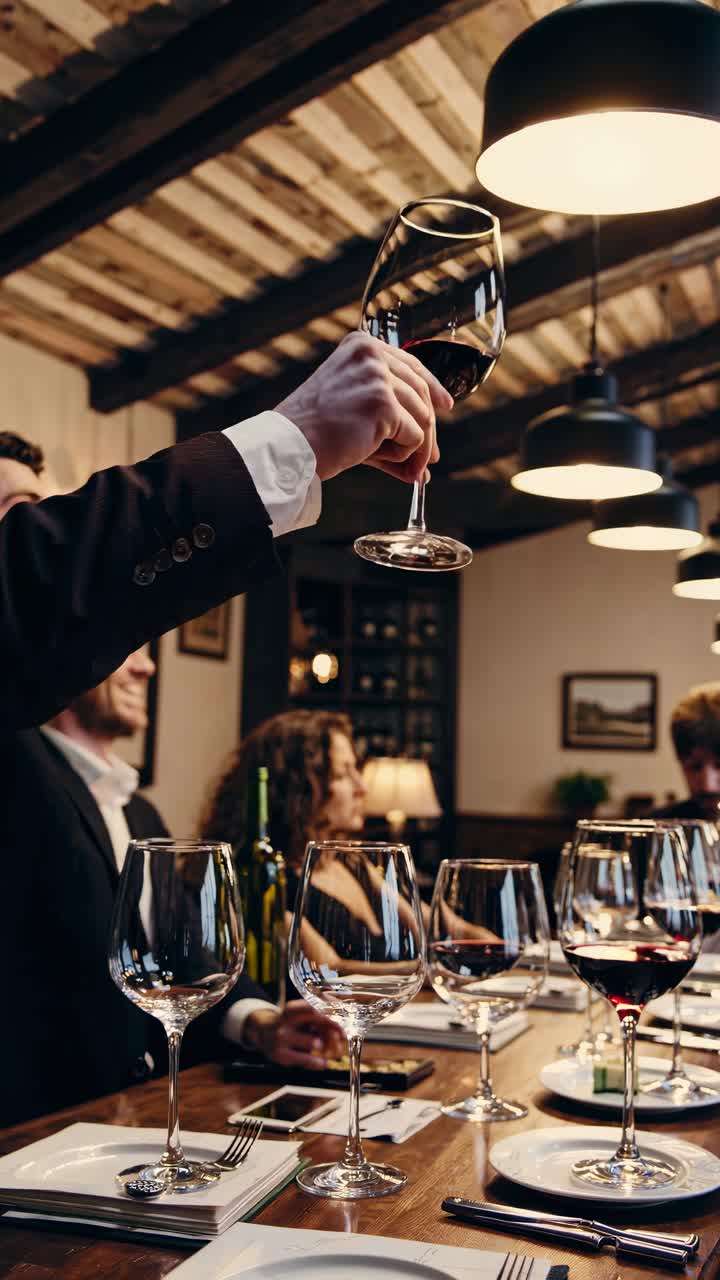Il video cattura una cena intima tra amici, ripresa da una angolazione bassa, che mette in risalto i calici di vino