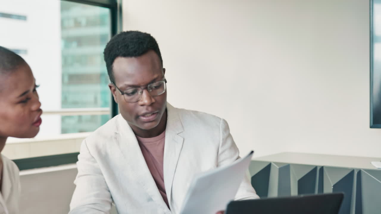 Business people, meeting and documents