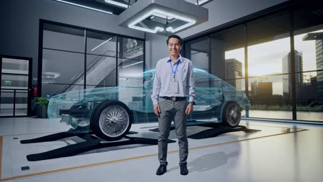 ingeniero presentando el diseño virtual del automóvil en una sala de exposiciones moderna
