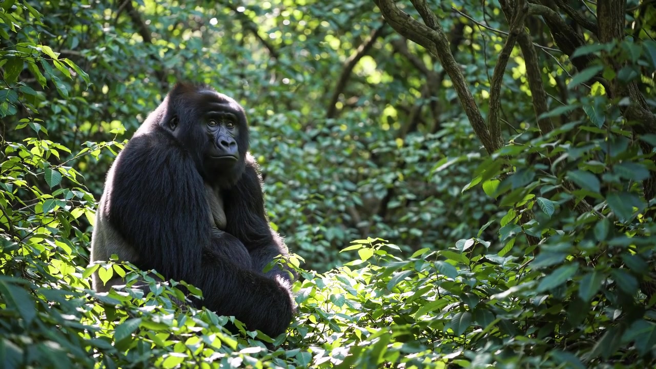Gorilla dal dorso argentato che riposa in una lussureggiante foresta tropicale