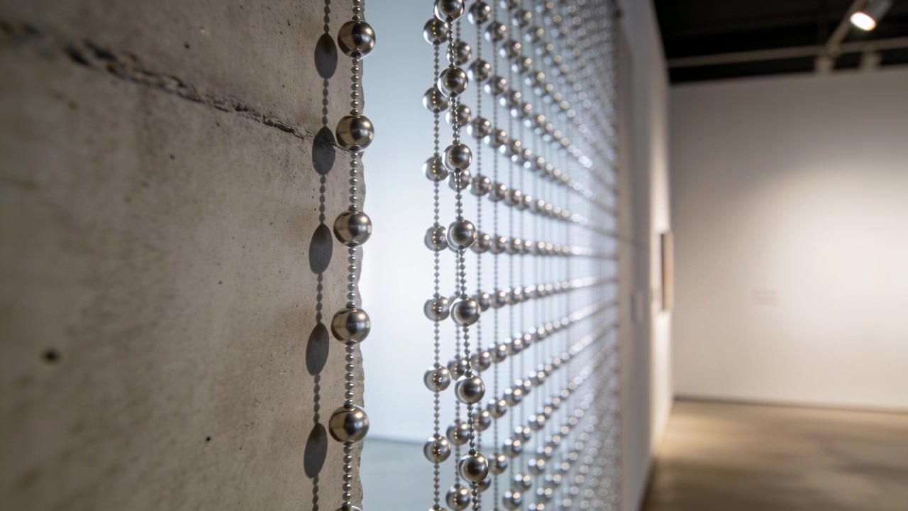 Shifting camera capturing metallic bead curtain at gallery to reveal reflective spheres and shadows