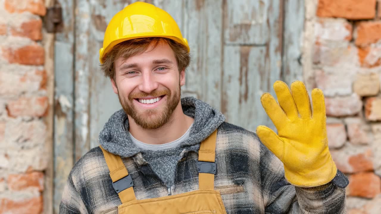 A cheerful worker in a yellow hard hat and gloves stands confidently in front of a rustic background, showcasing a friendly demeanor and readiness for the task ahead