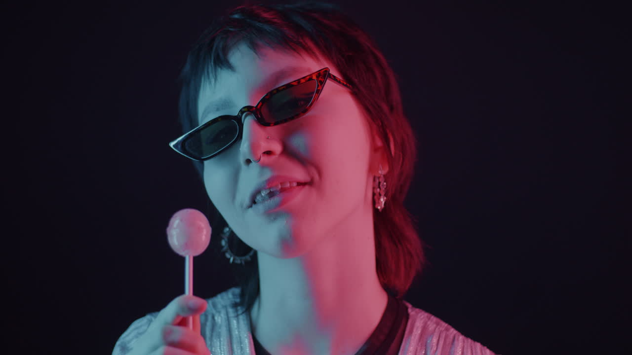 Neon Portrait of a Woman with Lollipop