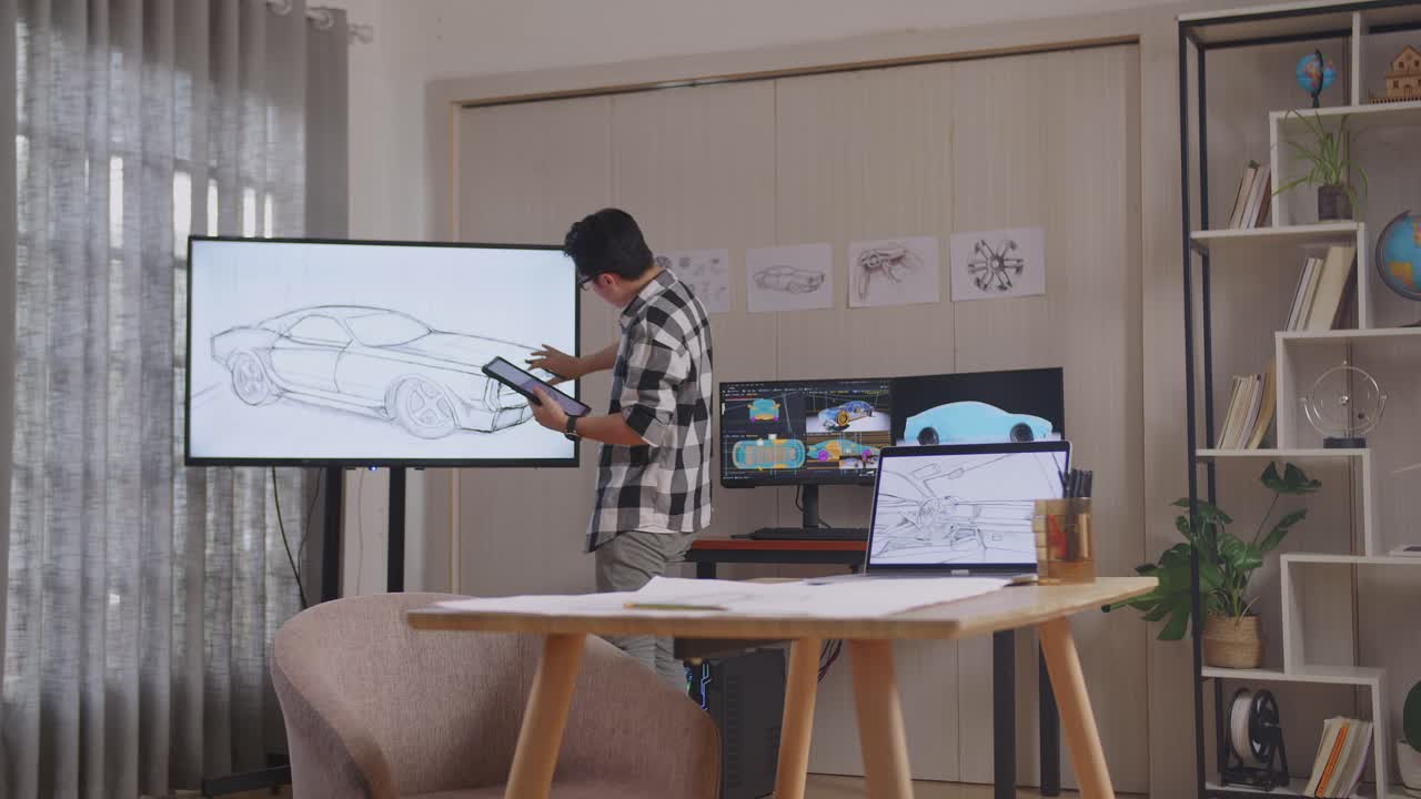 Vista laterale di un uomo asiatico che disegna un nuovo concetto di design automobilistico su un tablet nello studio, con TV e computer che mostrano un modello 3D di auto elettrica