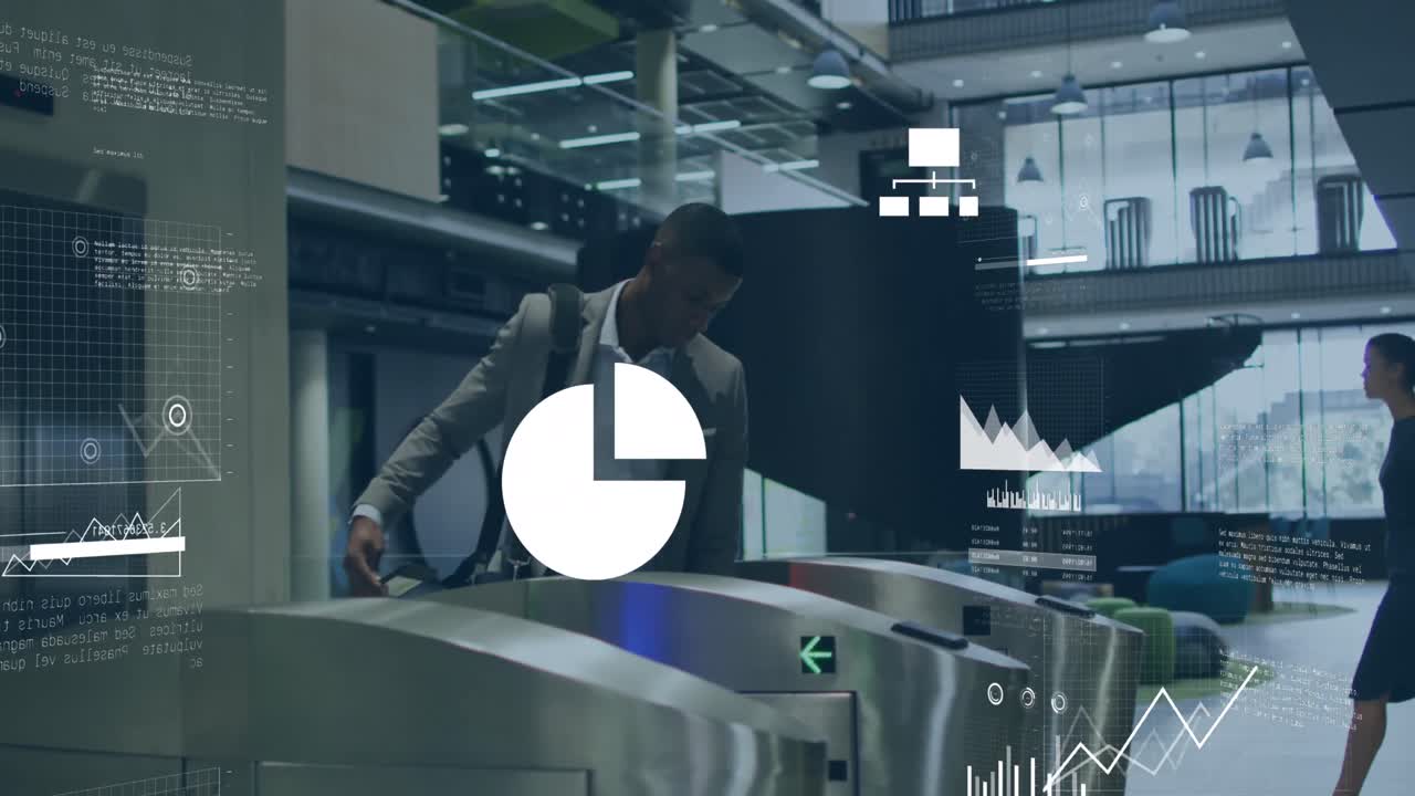 Animation of statistics and financial data processing over businessman in office