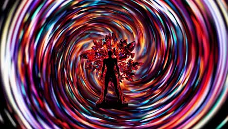 silhouette of a person standing in front of red crystals, surrounded by a colorful vortex, creating a mesmerizing visual representation of spirituality, energy, and transformation