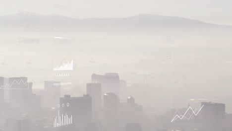 Animation-Der-Infografik-Schnittstelle-über-Luftaufnahme-Der-Silhouetten-Stadtlandschaft