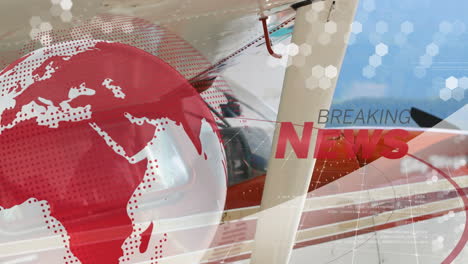 breaking news animation over airplane with red globe and hexagonal patterns