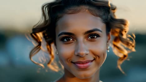retrato en primer plano de una hermosa mujer joven con el cabello rizado, sonriendo