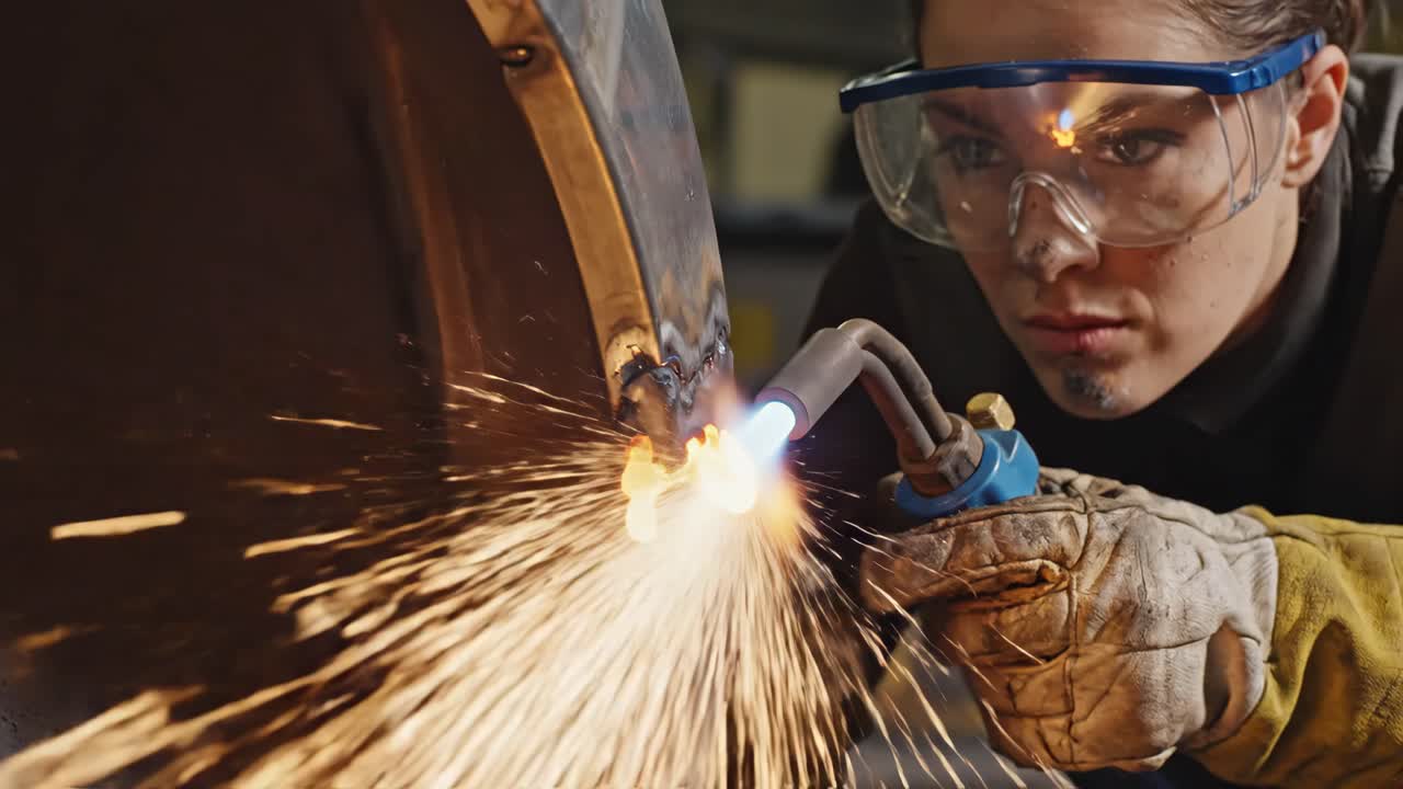 Welding sparks with woman