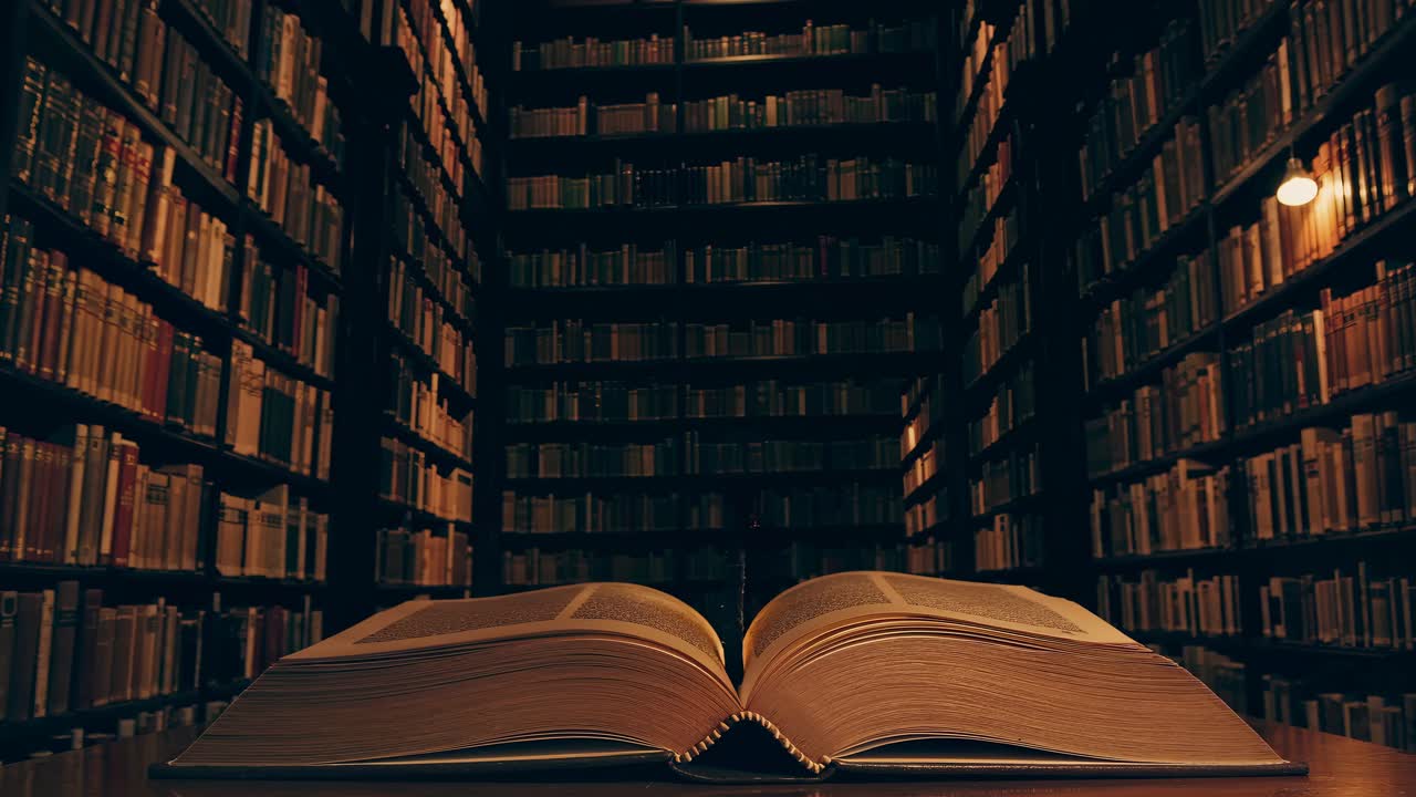 A magical open book with a glowing tree emerges, surrounded by towering library shelves