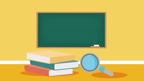 escena del aula con libros, pizarra y lupa