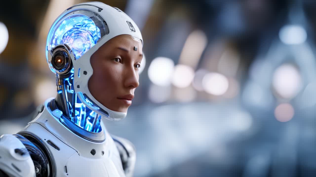 Futuristic humanoid robot with intricate technology showcased in a sleek environment, illustrating advanced AI and the fusion of humanity with machines in a captivating design