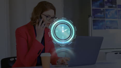 animation of clock over businesswoman in office