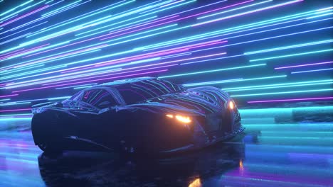 concepto futurista. coche deportivo en el fondo de líneas de neón brillantes. color azul púrpura. animación 3d de bucle sin costuras