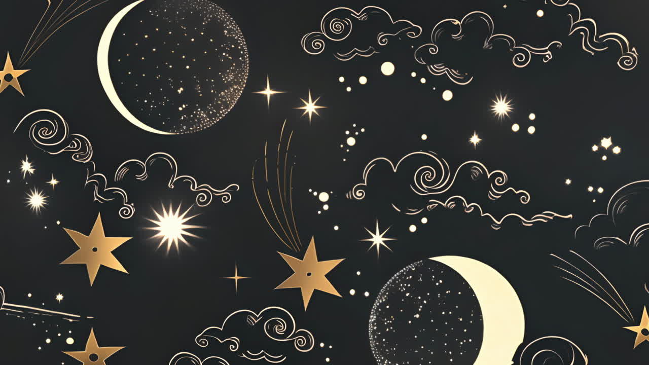 Celestial bodies and stars animation with clouds on dark background