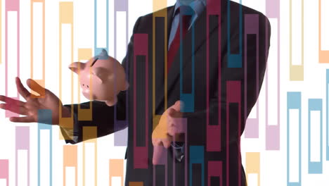 animation of colourful geometric pattern over businessman throwing and catching piggybank