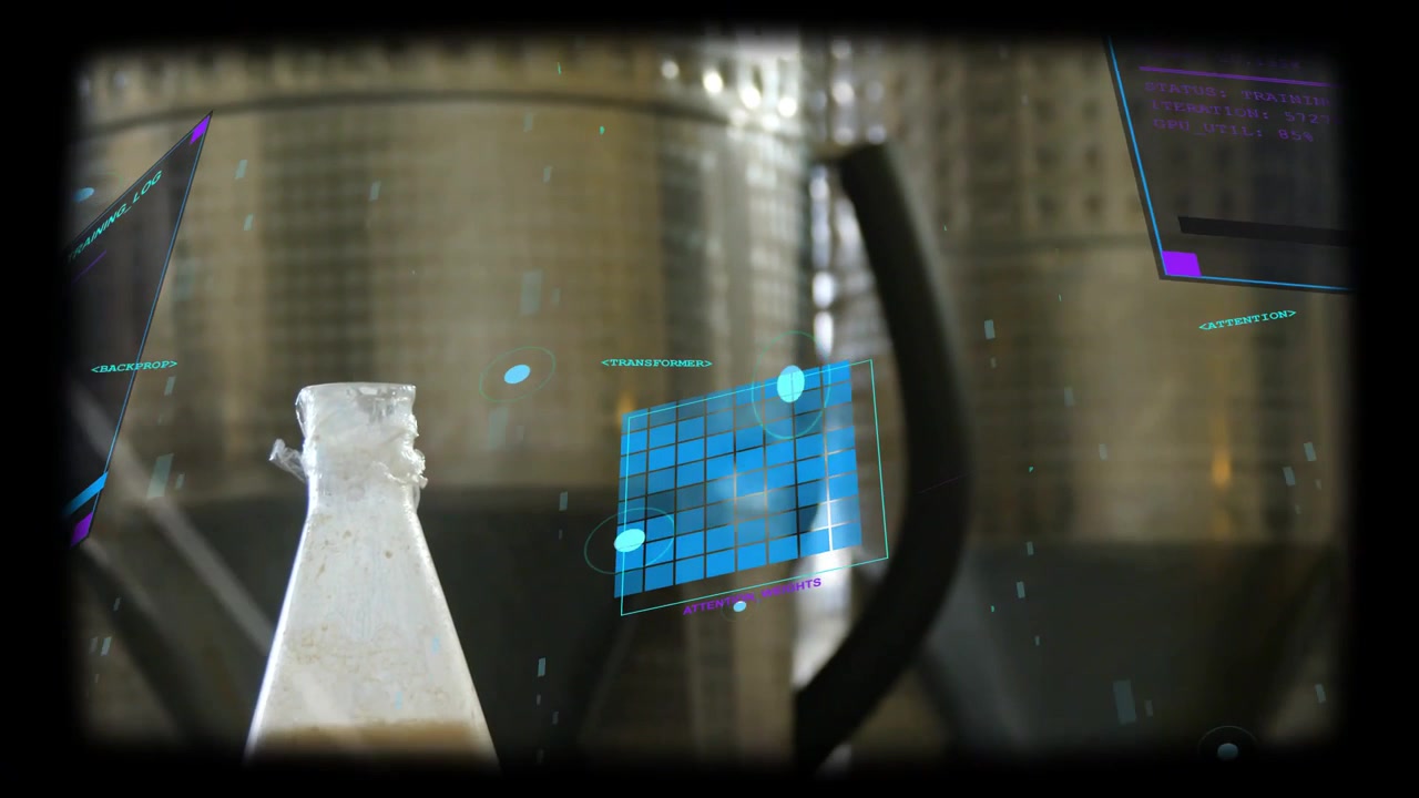HUD activating, small conical bottle sitting on countertop, blue grid and nodes analyzing for tech