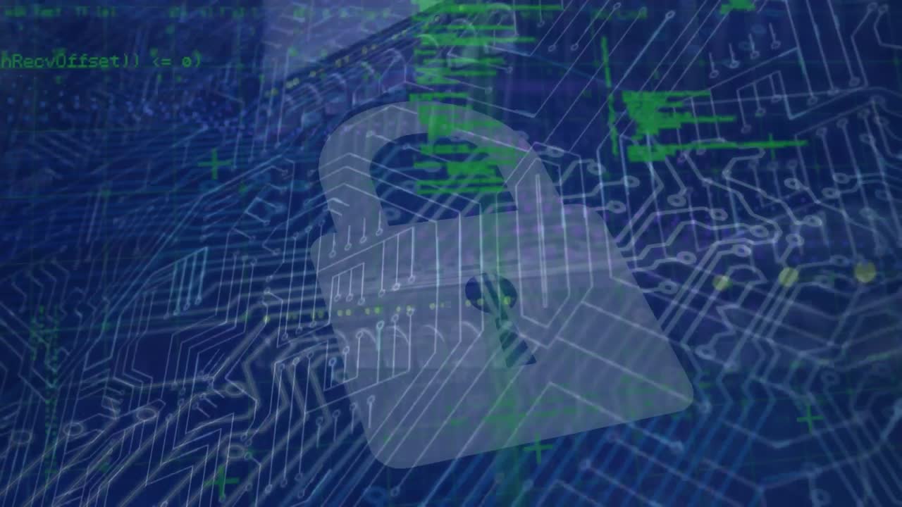 Animation of padlock and data processing over circuit board