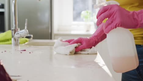 midsection of biracial woman cleaning in kitchen, in slow motion