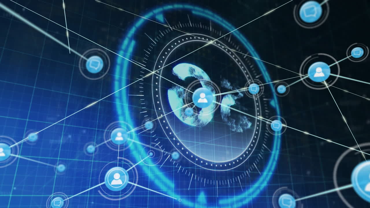 Digital network connections and data processing animation over world map