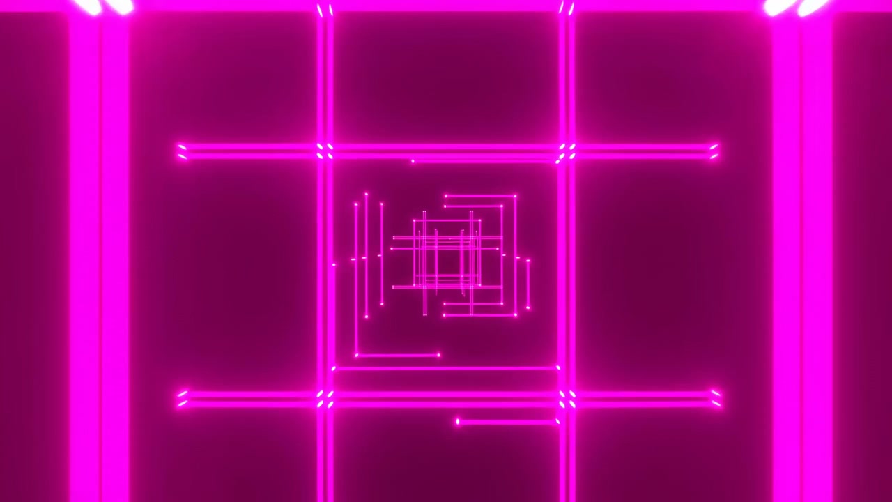 Bright pink linear shapes move through layered square outlines, changing scale and spacing around the center while luminous edges glow against a deep burgundy-black field.