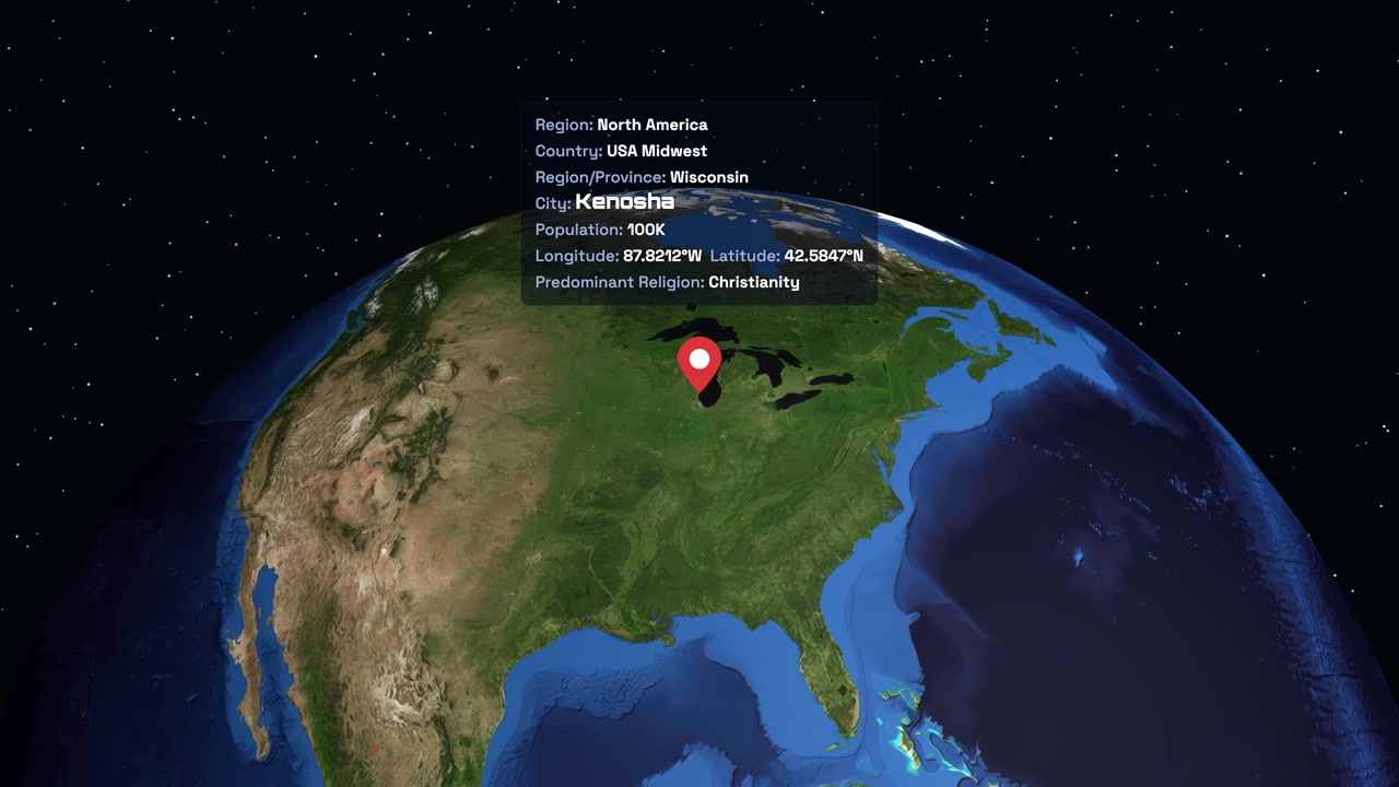 Digital globe rotates and zooms from space to a specific location marker in Wisconsin