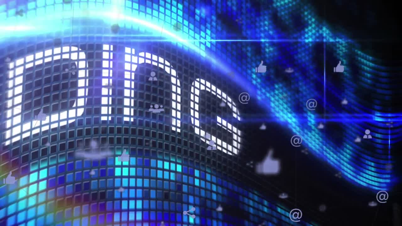 animación de la red de iconos digitales sobre la carga de banner de texto sobre cuadrados de mosaico azul.