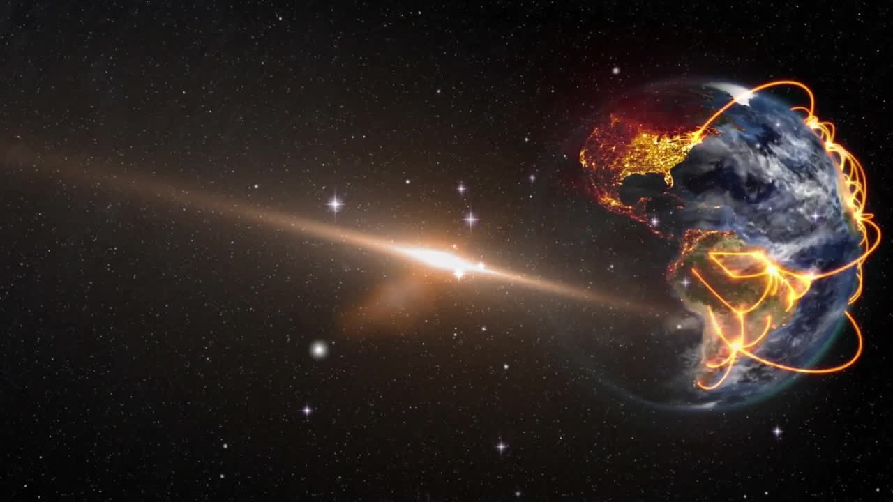 Animation of light trails and globe with stars on black background