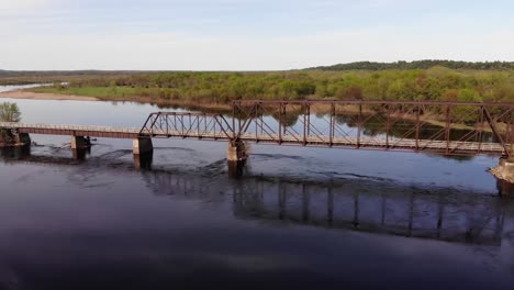 aerial panoramic view of old metal bridge running across a still deep blue river