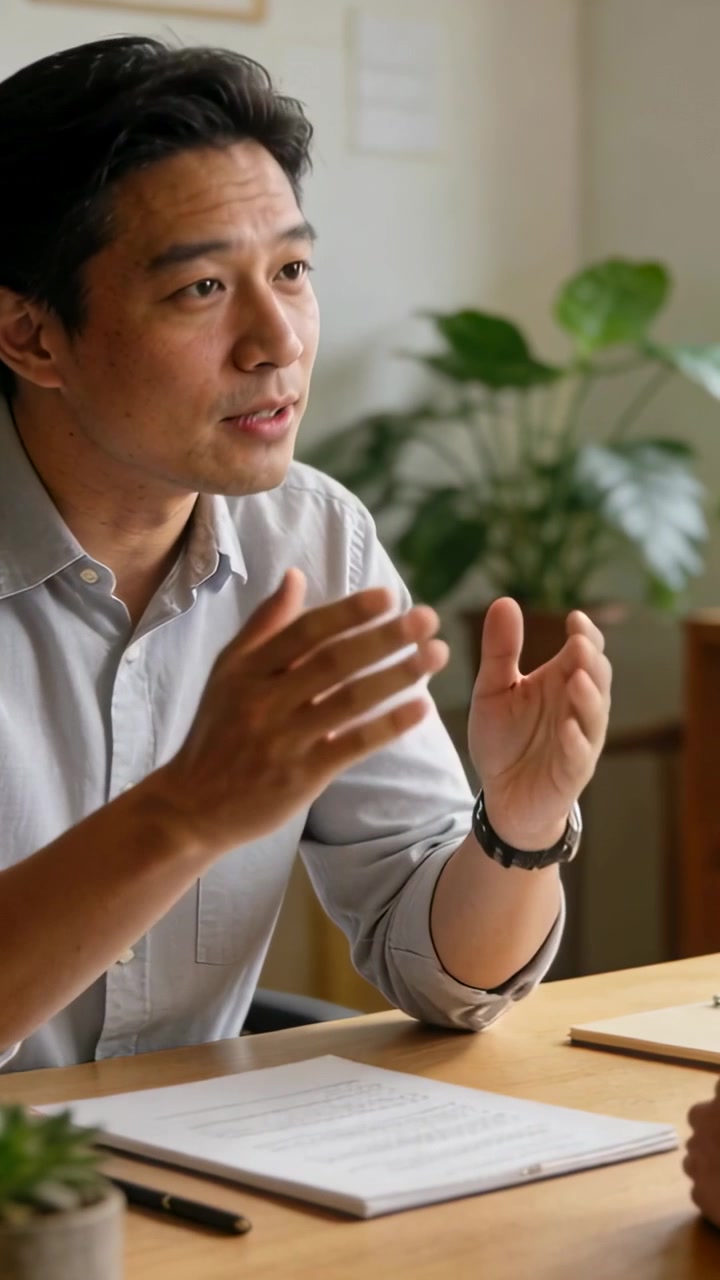 Video verticale: Uomo asiatico appoggiato, in camicia grigia, che spiega a mani aperte a un tavolo con dei documenti.