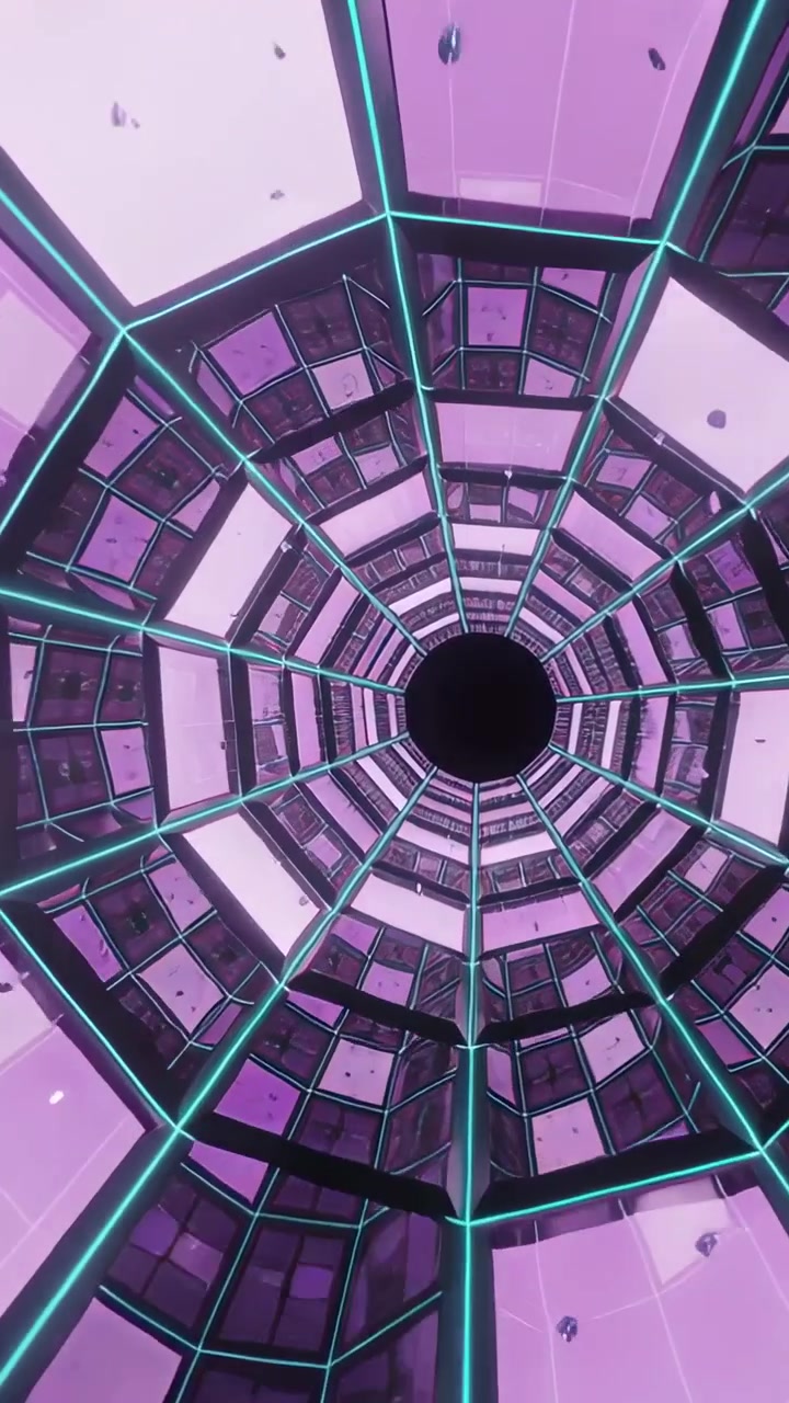 Video verticale: La telecamera inizia a riprendere e si avvicina a un vano in vetro all'interno di un atrio, mostrando un'apertura nera