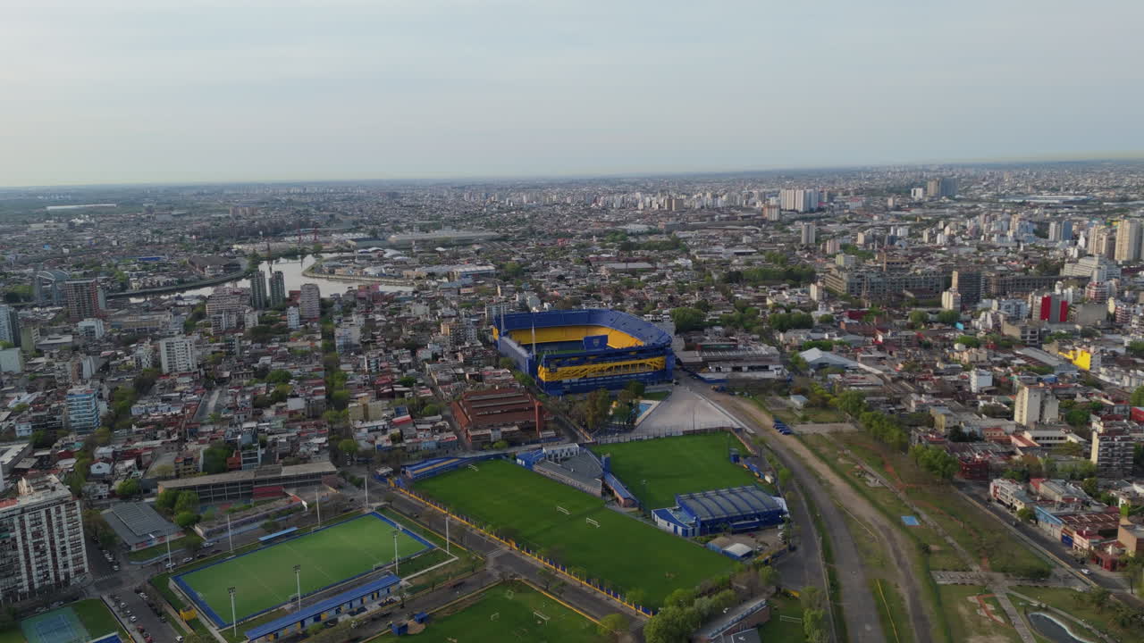 Panoramic aerial view of Buenos Aires and the Boca Juniors sports complex. Argentina. 4k.