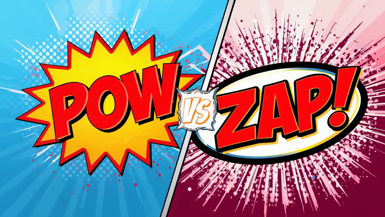 Displaying static split-panel at digital panel, showing POW explosion, gold vs emblem and ZAP burst