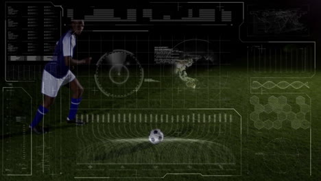 soccer player running towards ball, data analysis animation over green field