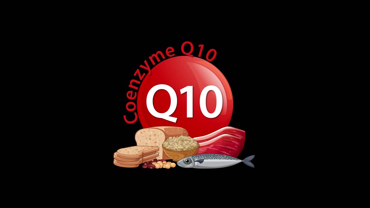 Un'icona rossa del Coenzima Q10 si anima, rivelando diverse fonti alimentari tra cui pesce, carne e cereali, su uno sfondo nero pulito.