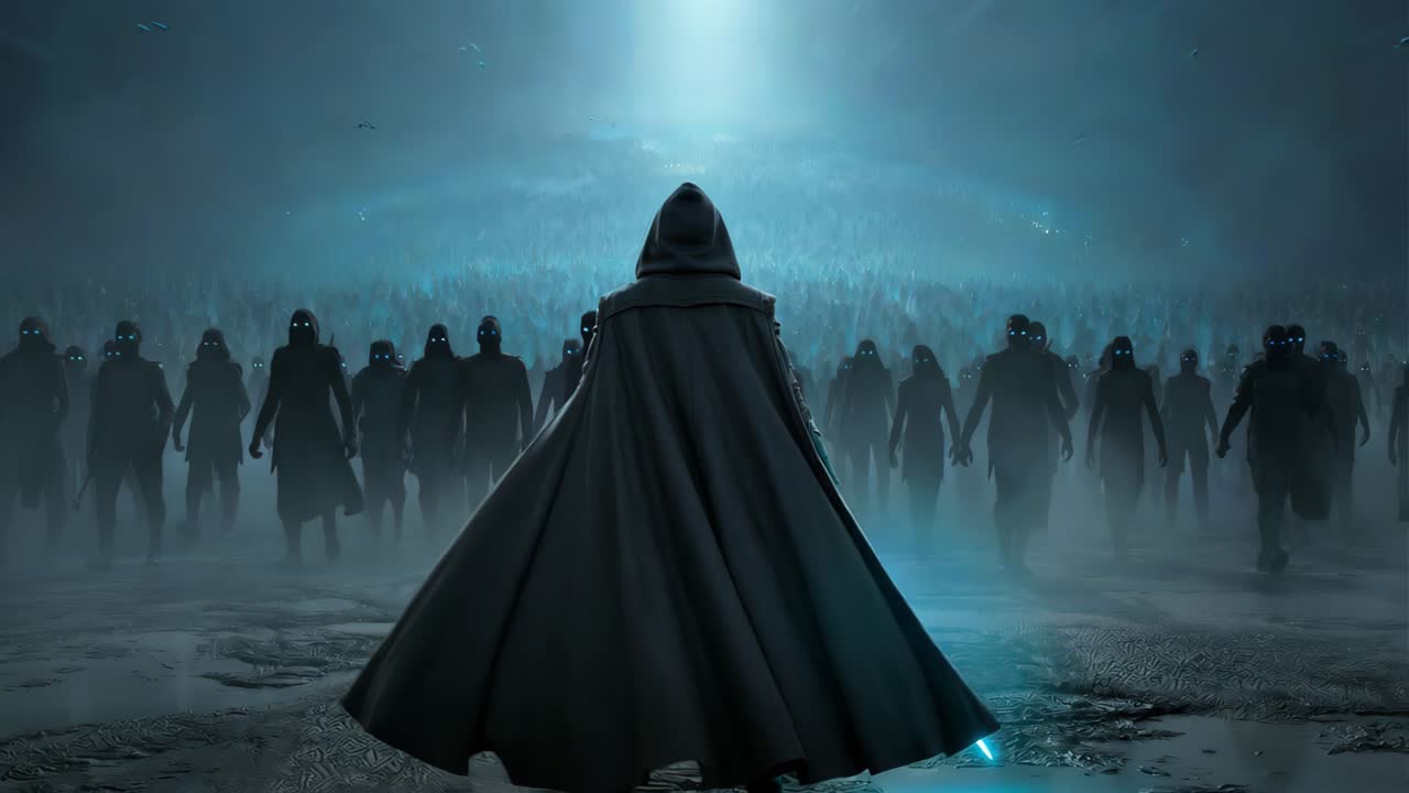 Scena inquietante di una figura misteriosa che affronta forze extraterrestri su un campo ghiacciato