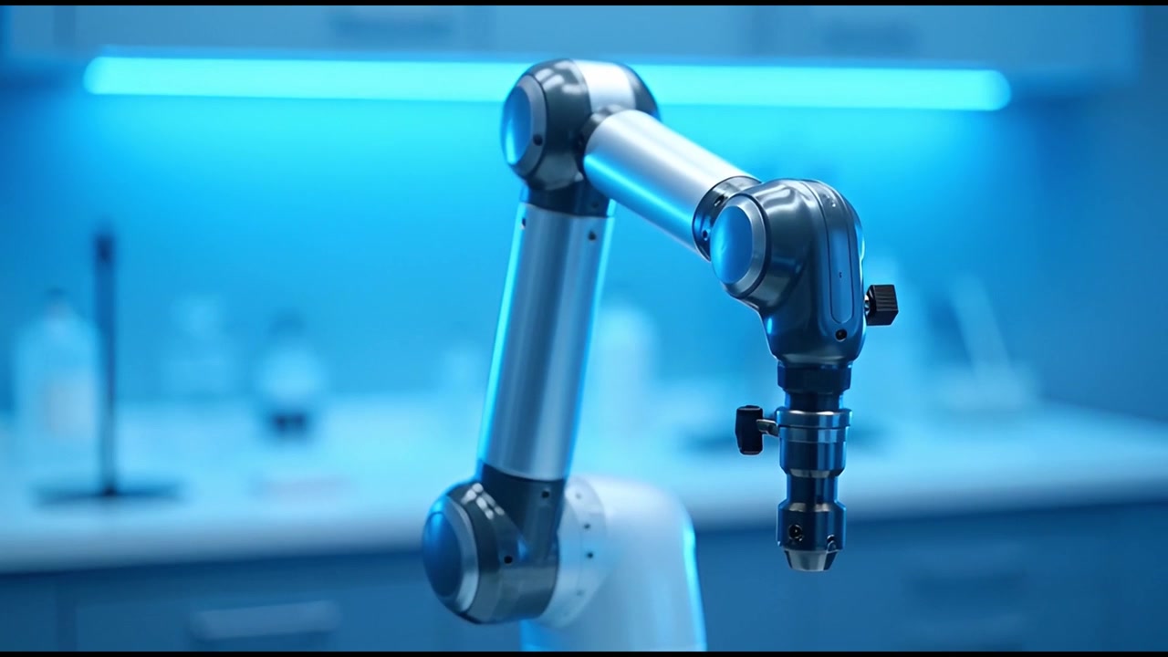 Brazo robótico futurista moviéndose en un laboratorio iluminado en azul