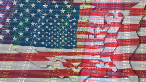 animation of financial data processing over flags of united states of america