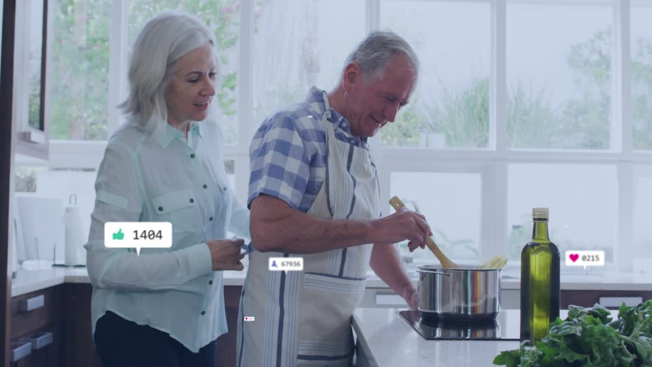 Couple fastening apron strap then stirring pot with social media reaction icons raising engagement