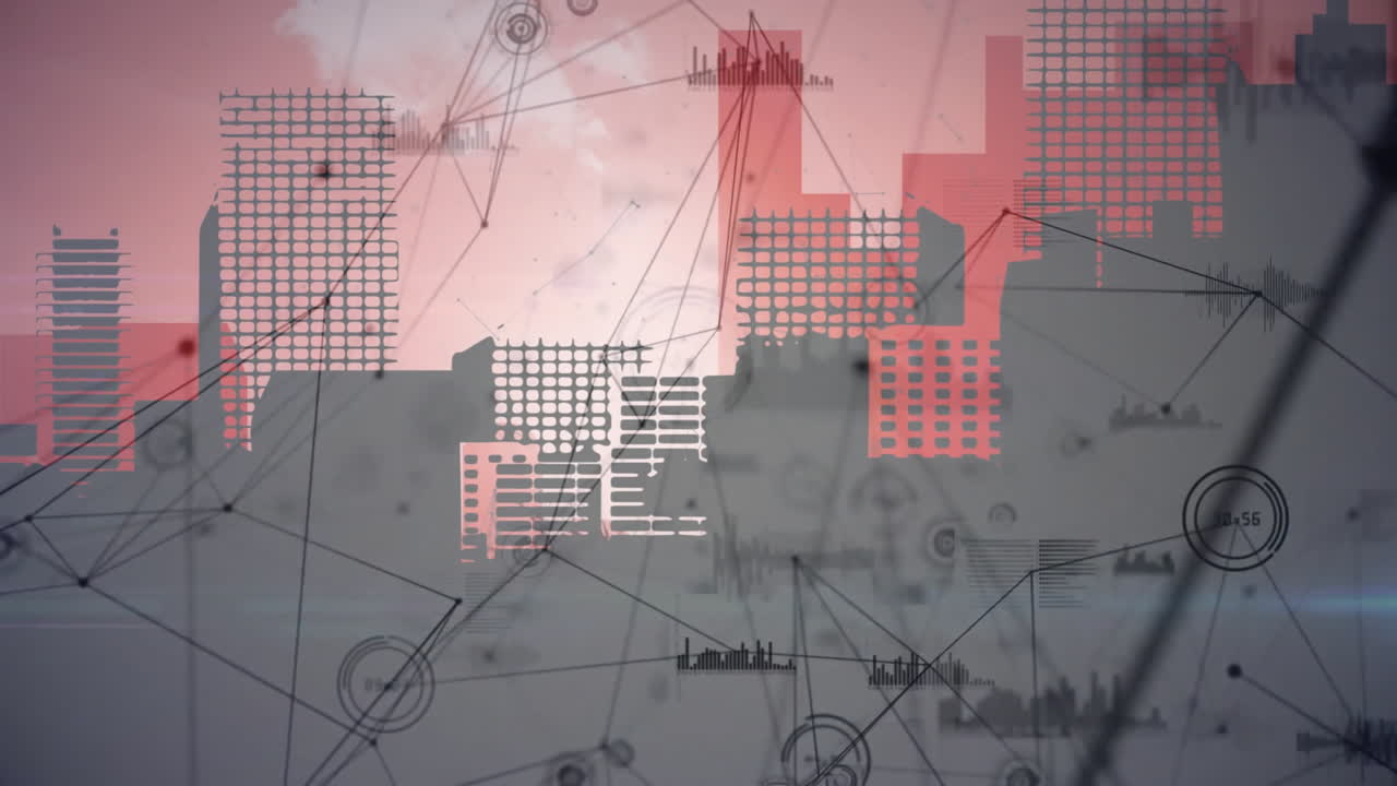 Cityscape with network connections and data processing animation over buildings