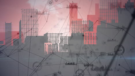 cityscape with network connections and data processing animation over buildings