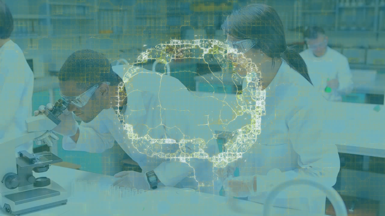 현미경으로 다양한 실험실 직원들의 뇌를 회전시키는 애니메이션