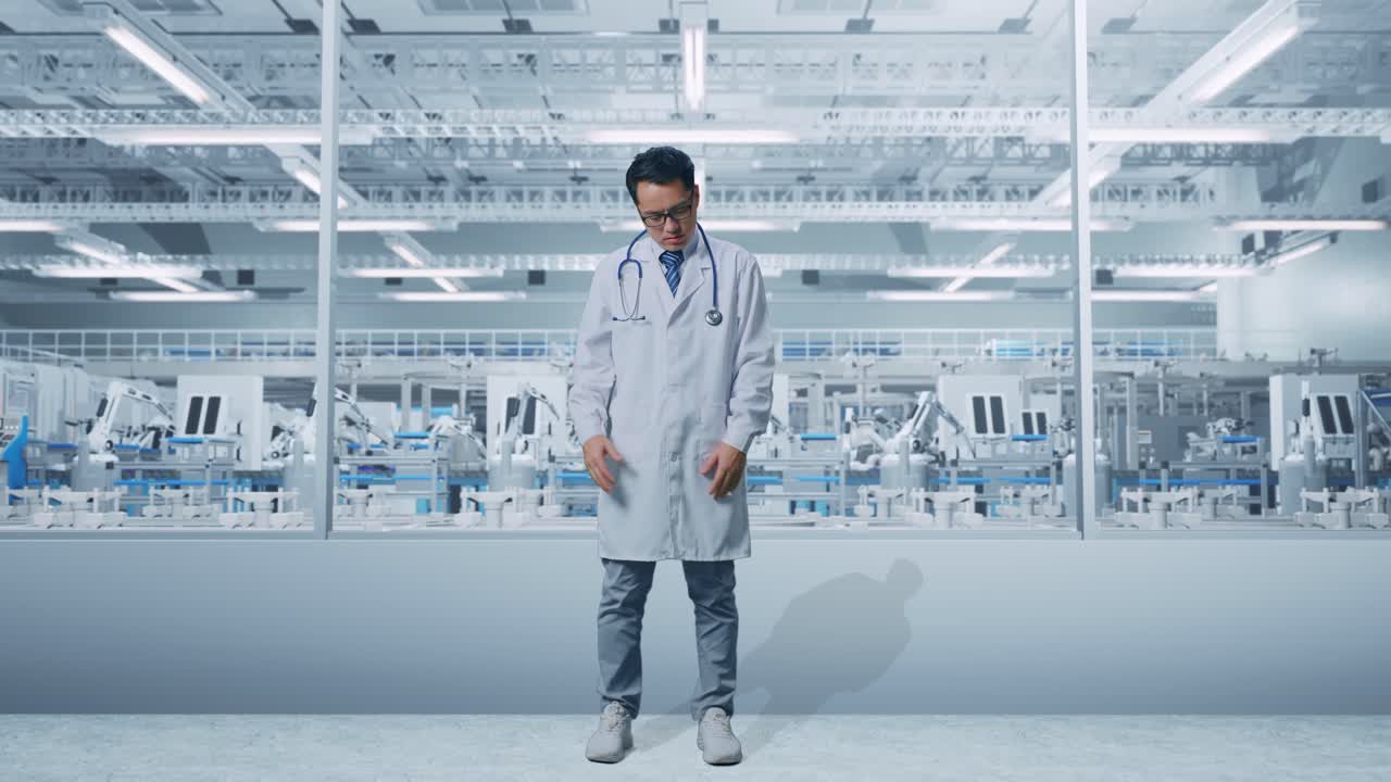 Full Body Of Tired Asian Male Doctor With Stethoscope Standing In Laboratory