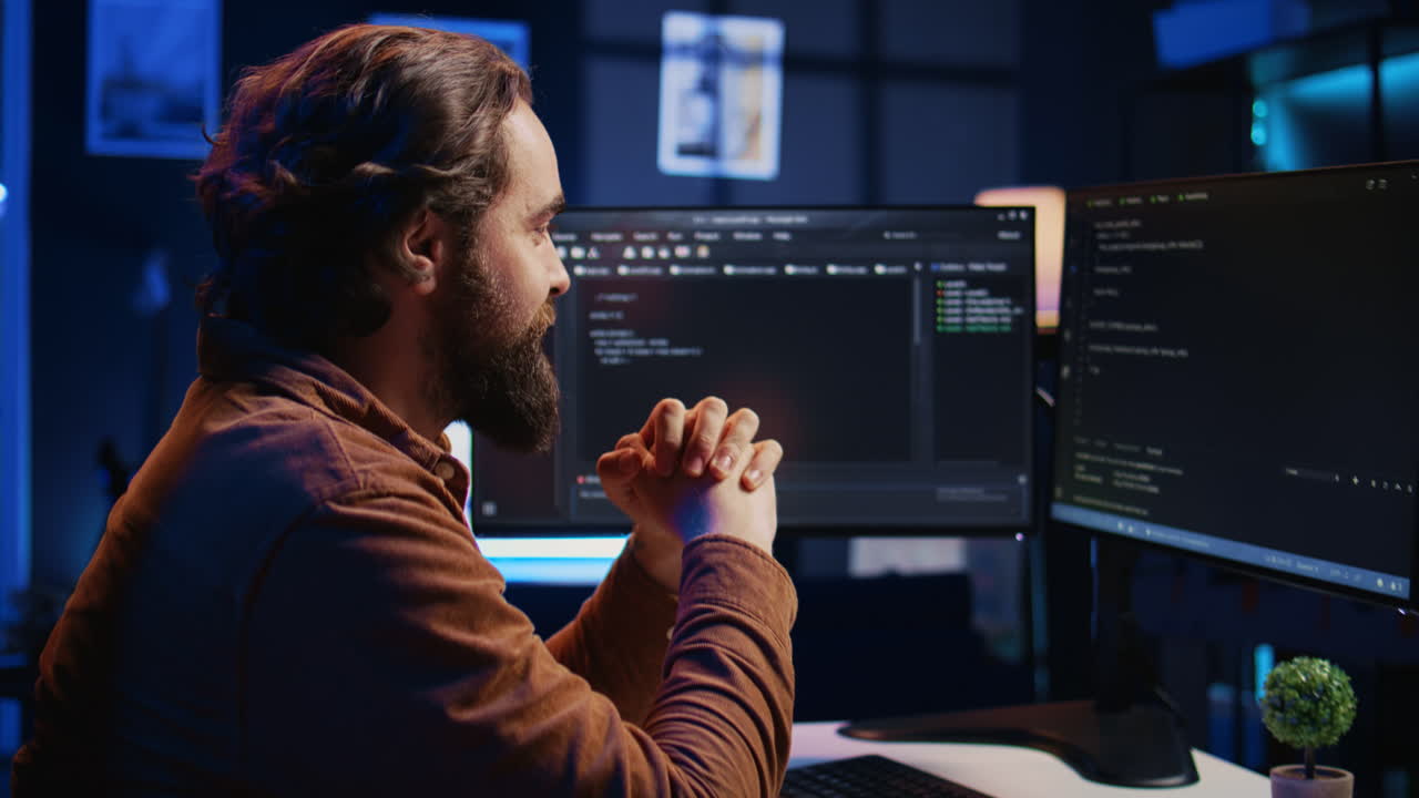 Software technician feeling relieved after removing all code bugs