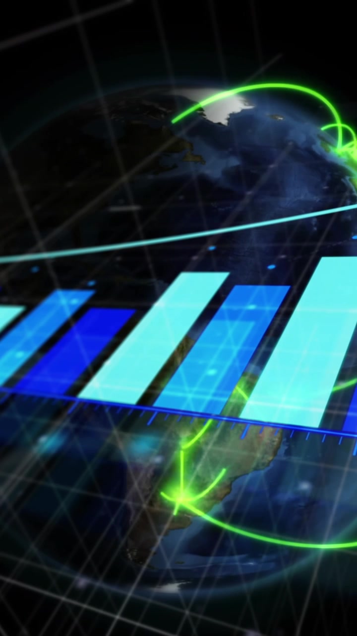 Animation of arrow on growing bar graph and lines over rotating globe over black background
