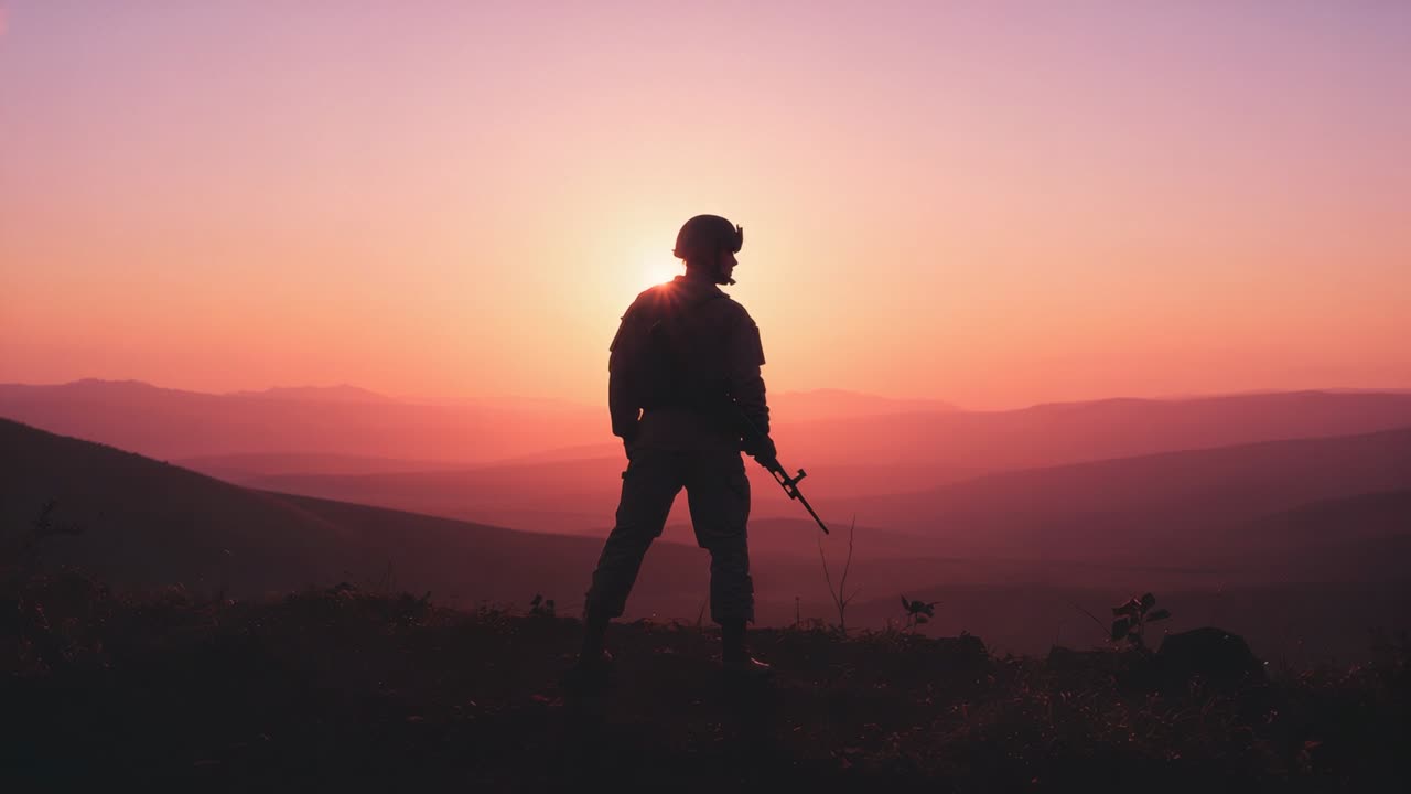 Il sole tramonta dietro le colline in lontananza, spronando un soldato in uniforme che scruta la cresta e tiene il fucile fermo