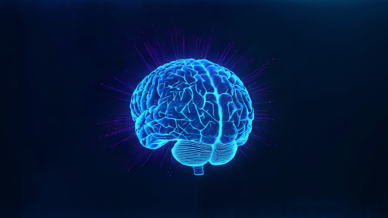On startup neon-blue brain hologram rotating in dark void, pulsing pathways with purple red sparks