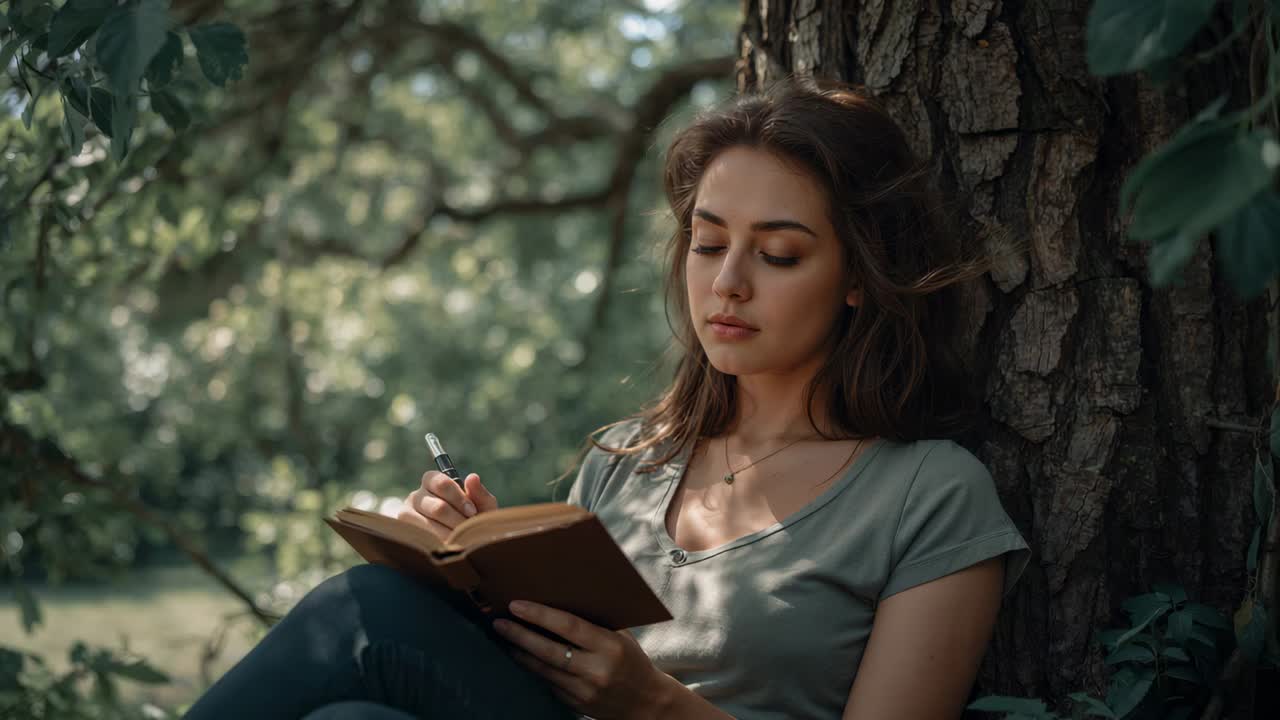 Journaling woman touching pen on page against tree trunk in park, brown notebook, green tee, jeans
