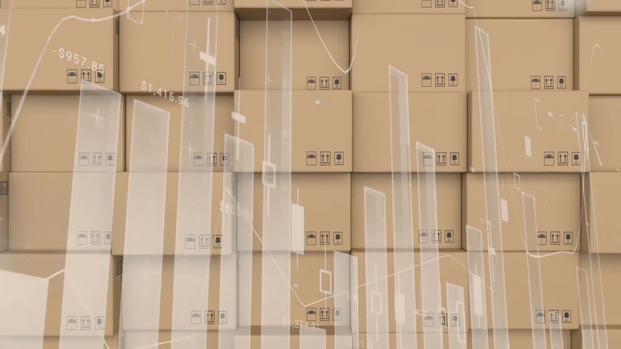 procesamiento de datos estadísticos contra la pila de cajas de entrega en el almacén